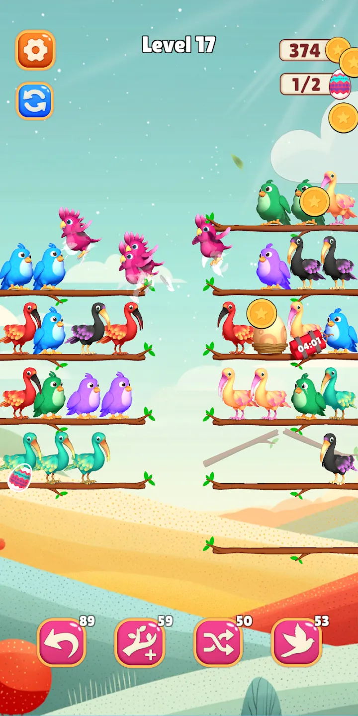 Świat gry Feather Sort 3D — gałęzie i ptaki